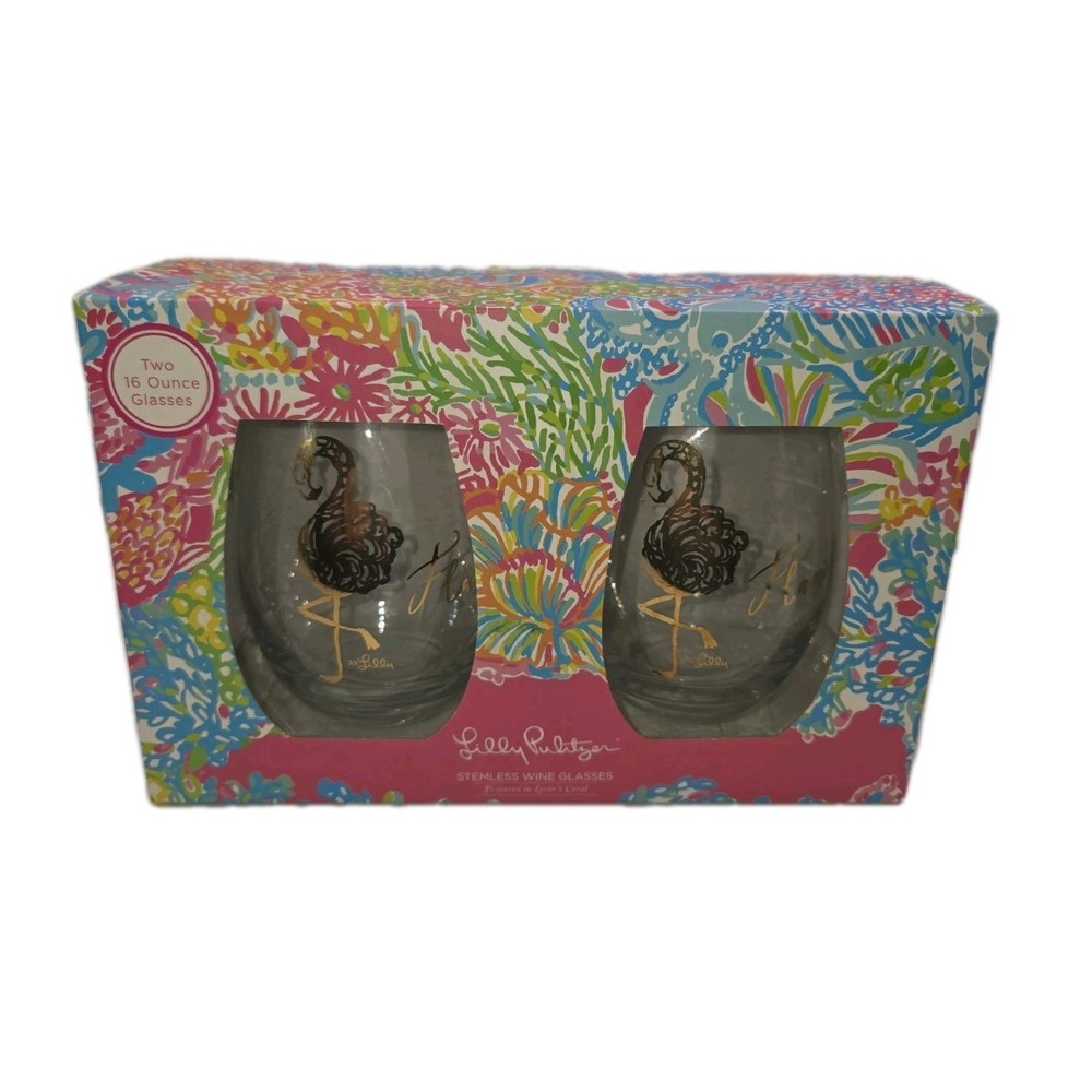 Lilly Pulitzer 16 Oz Set Of 2 Stemless Wine Glasses "Lover's Coral" NEW In Box